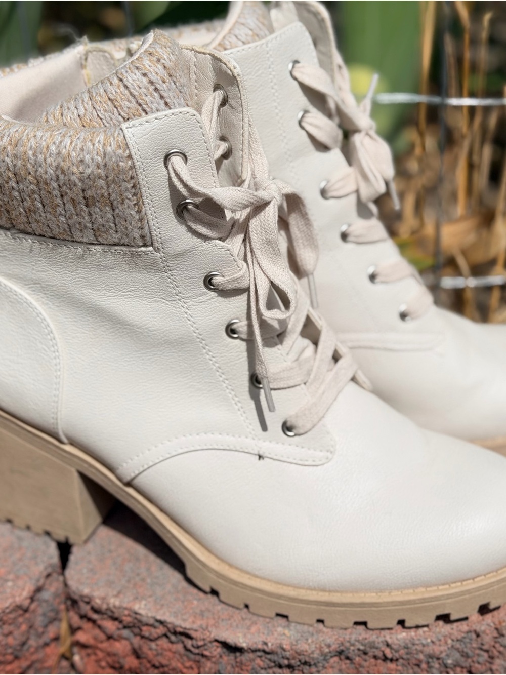 Women's Cream Lace-Up Knit Detail Ankle Boots Sun and Stone brand